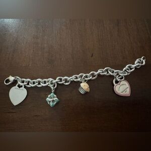 Tiffany & Co. Silver Heart Charm Bracelet with Blue Gift and Cupcake Charms